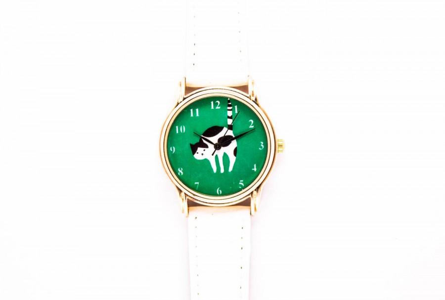 زفاف - Black and white cat,Cat watch,Bright green watch,Funky  watch,Gold case watch, Cat  jewelry,White watch, Free shipping