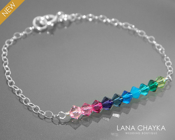 Mariage - Multicolor Crystal Bracelet Swarovski Crystal 925 Sterling Silver Bracelet Wedding Crystal Bracelet Delicate Crystal Chain Bracelet