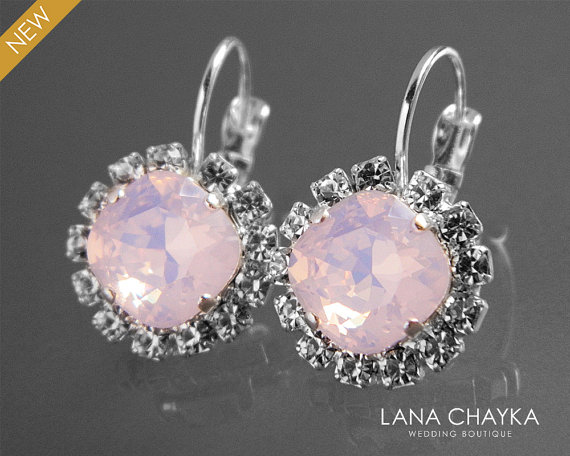 Свадьба - Pink Opal Crystal Halo Earrings Swarovski Rose Water Opal Rhinestone Earrings Pale Pink Silver Leverback Earrings Bridal Bridesmaid Jewelry