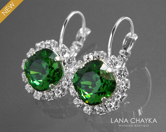 Wedding - Green Crystal Halo Earrings Swarovski Dark Moss Rhinestone Earrings Green Silver Leverback Wedding Earrings Bridal Bridesmaid Green Jewelry