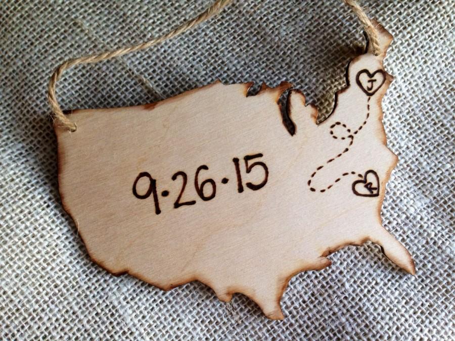 Свадьба - Custom Wood Ornament Wedding First Christmas Personalized USA with YOUR States in a Heart & Your Initials Wedding Date Newlyweds