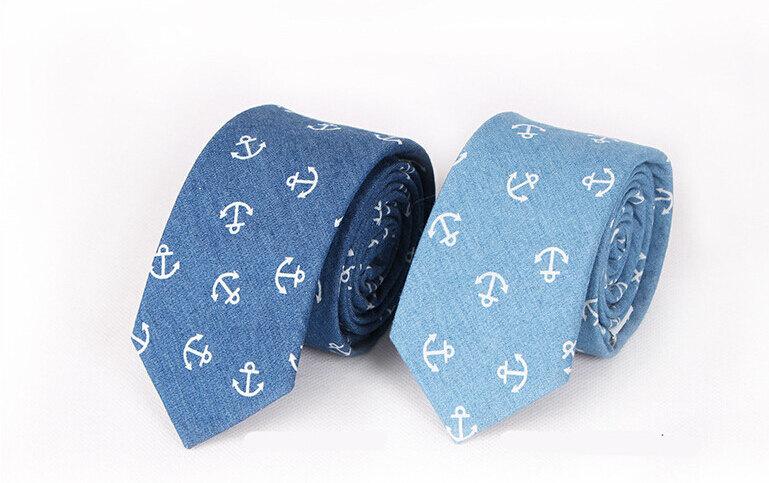 Wedding - Anchor Necktie.Blue Denim Ties.Mens Ties.Skinny Ties with Anchor Patterns.Nautical Themed Wedding