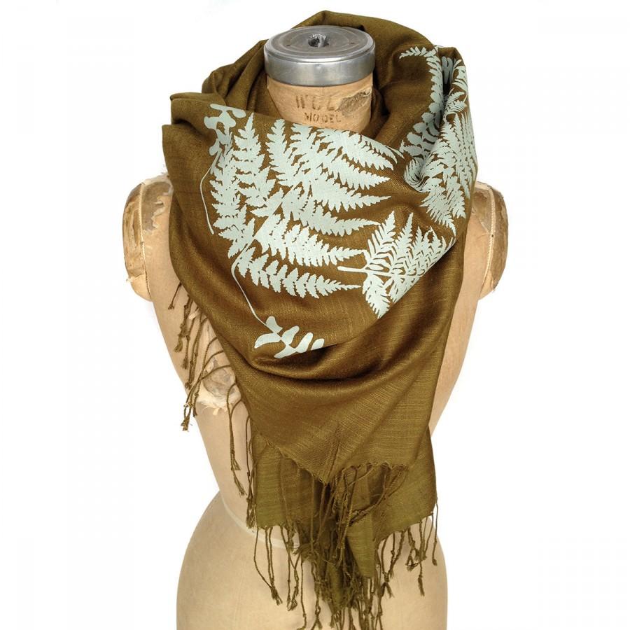 Mariage - Fern Leaf Printed Scarf. Sage green silkscreen print on espresso brown linen weave pashmina. Nature, botanical print. More colors available.