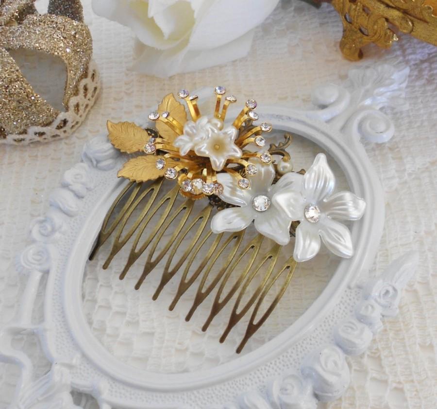 زفاف - Leaf Hair Comb, Jeweled Hair Comb, Flower Comb, Gold Leaf Hair Comb, Pearl Hair Comb, Assemblage Hair Comb, Art Deco, Art Nouveau, Goddess