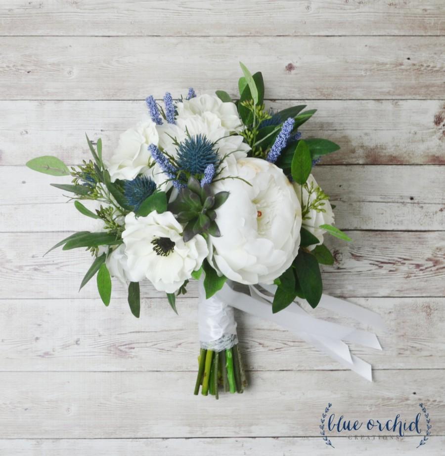 Hochzeit - Silk Boho Bouquet - Peony Bouquet, Silk Peonies, Anemones, Thistles, White Bouquet, Wedding Bouquet, Boho Chic Bouquet, Cream, Blue Bouquet