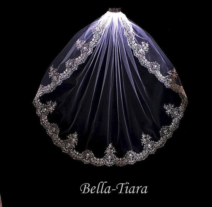زفاف - vintage crystal beaded edge wedding veil, ivory crystal edge wedding veil, embroidered bridal veil,  romantic ivory wedding veils