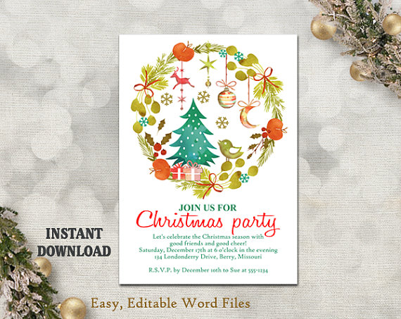 Wedding - Printable Christmas Party Invitation Template - Wreath - Holiday Party Card - Christmas Card - Editable Template - Watercolor DIY White Red