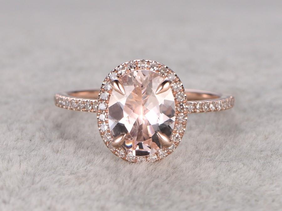 Свадьба - 7x9mm Morganite Engagement ring Yellow gold,Diamond wedding band,14k,Oval Cut,Gemstone Promise Bridal Ring,Claw Prongs,Halo Half Eternity