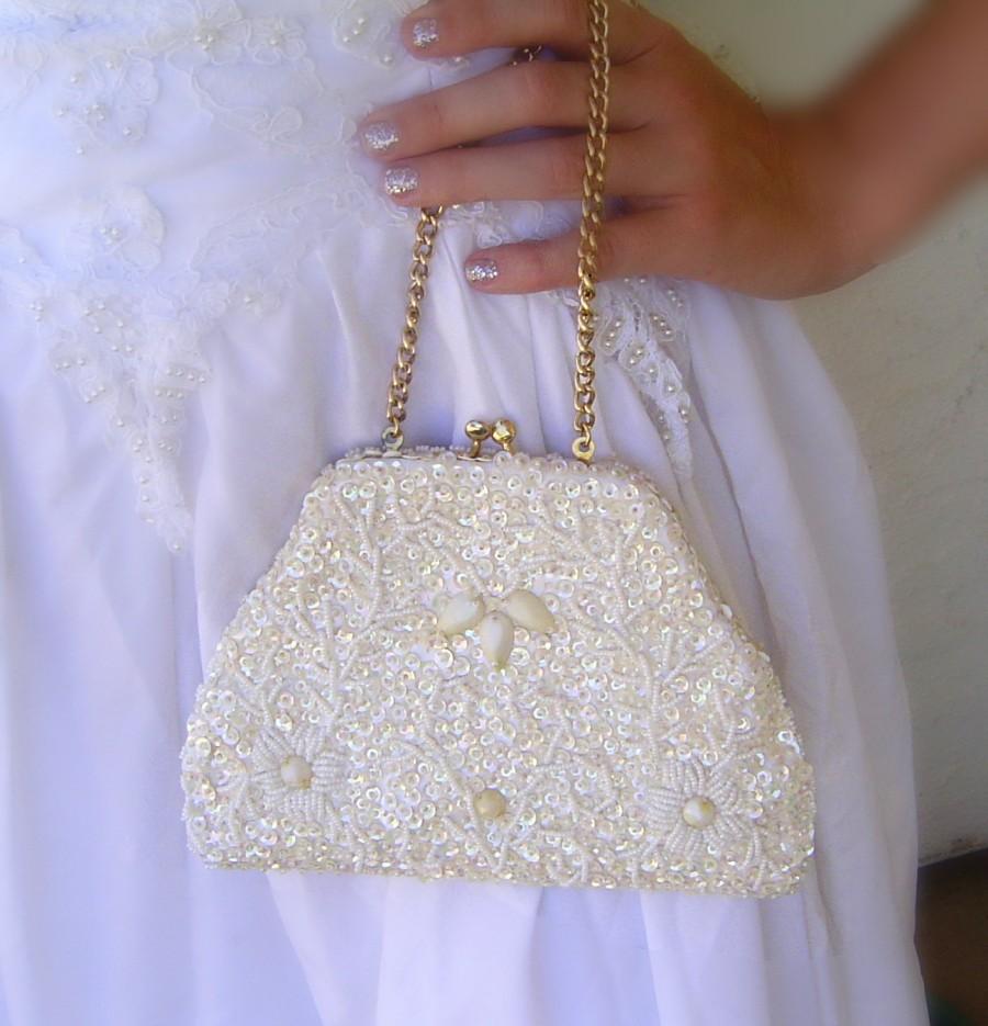 زفاف - Authentic Deco Vintage Clutch - purse handbag formal white beaded Beach Vintage Inspired wedding Bridal rustic wedding handmade