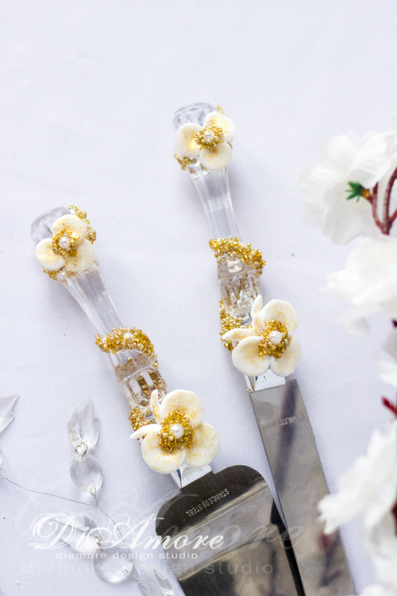 زفاف - White & gold set for cake/flowers wedding/Personalized cake server and knife collection Аrt DecoLuxury traditional/2pcs C2/16/12-0002