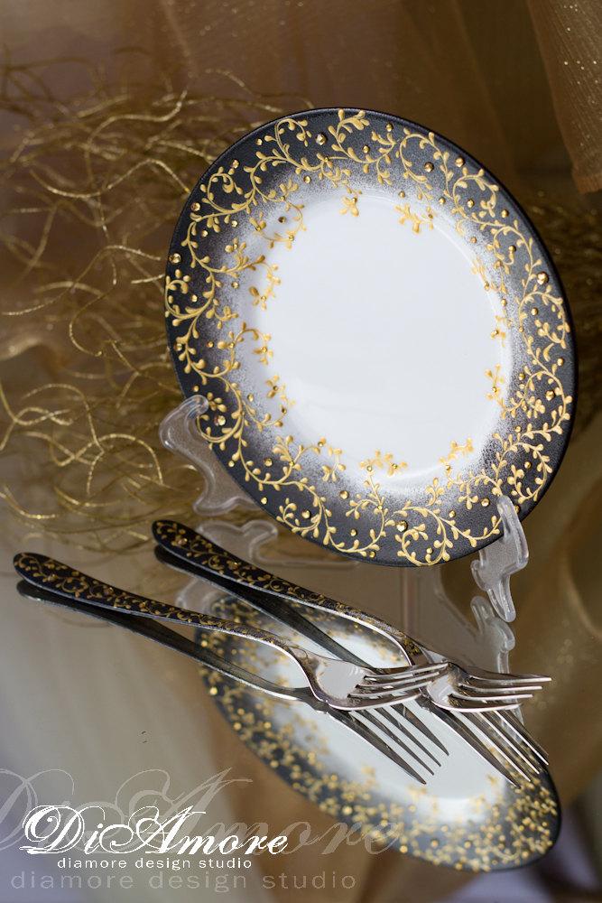 Wedding - Black Wedding Set of Wedding fork and Plate / Gold LACE, Wedding Platter, Custom Plate, Hand Painted