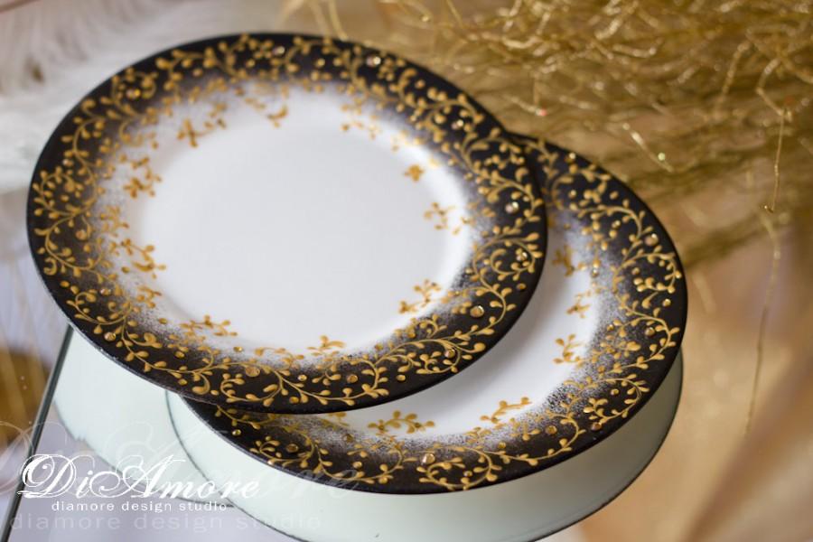 Hochzeit - Black Wedding Set of Wedding fork and Plate / Gold LACE, Wedding Platter, Custom Plate, Hand Painted