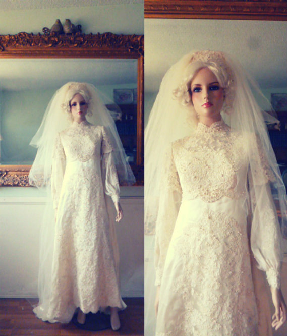 Wedding - Romantic 1960's Edwardian Style Wedding Gown and Matching Cathedral Veil- Small