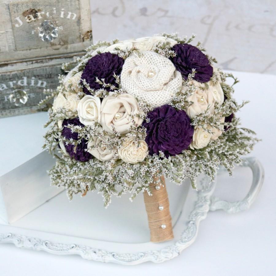 Свадьба - Eggplant Wedding Bouquet // Rustic Bridal Bouquet, Dark Plum, Sola Flower, Burlap Flower, Dried Wildflowers, Bride Bouquet, Keepsake Bouquet