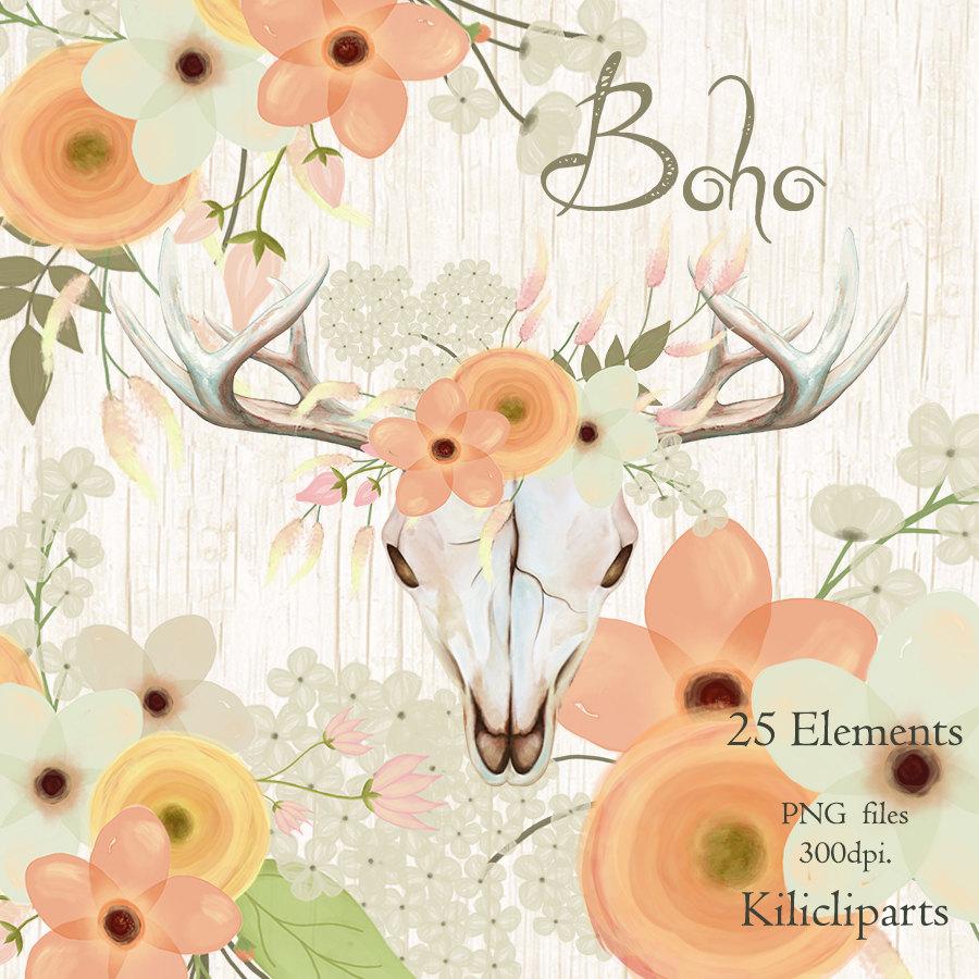 Wedding - watercolor invite, watercolor flowers, floral invitation, wedding invite, diy wedding ,antlers and flowers, boho clipart, instant download.