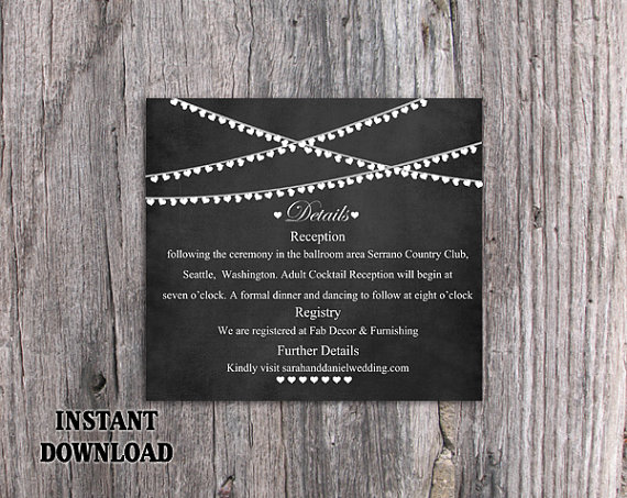 Свадьба - DIY Wedding Details Card Template Editable Word File Download Printable Chalkboard Details Card Lights Details Card Heart Enclosure Card