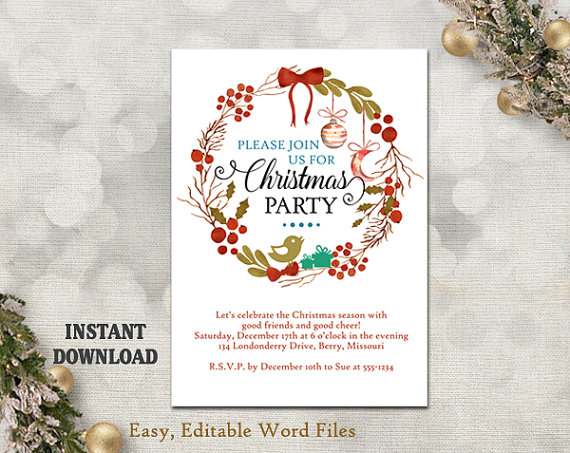 Wedding - Christmas Party Invitation Template - Printable Holly Wreath - Holiday Party Card - Christmas Card - Editable Template - Watercolor Red DIY