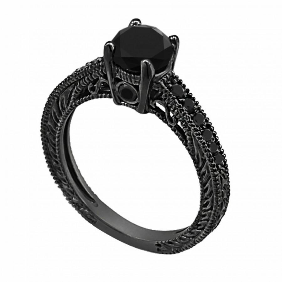Wedding - Black Diamonds Engagement Ring 14K Black Gold Vintage Style 0.79 Carat Pave Set Handmade Certified