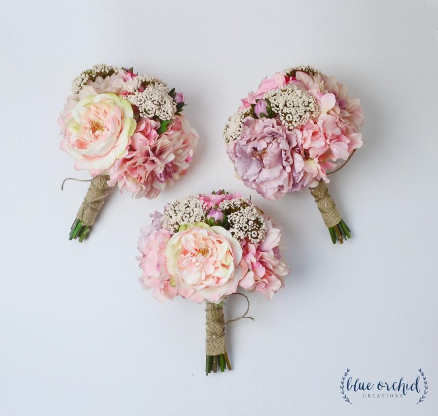 Hochzeit - Bridesmaid Bouquet, Silk Flowers, Silk Wedding Bouquet, Pink, Bouquet, Wedding Set, Faux Bouquet, Shabby Chic, Rustic Bouquet, Fall Bouquet