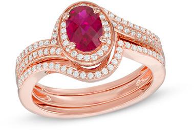 Hochzeit - Oval Lab-Created Ruby and White Sapphire Swirl Frame Bridal Set in Sterling Silver and 14K Rose Gold Plate