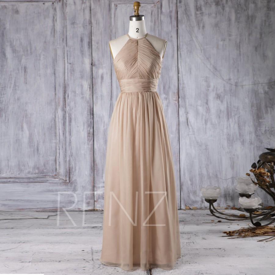 Mariage - 2016 Champagne Bridesmaid Dress, Ruched Chiffon High Neck Wedding Dress, Long Prom Dress, A Line Evening Gown Floor Length (J017B)