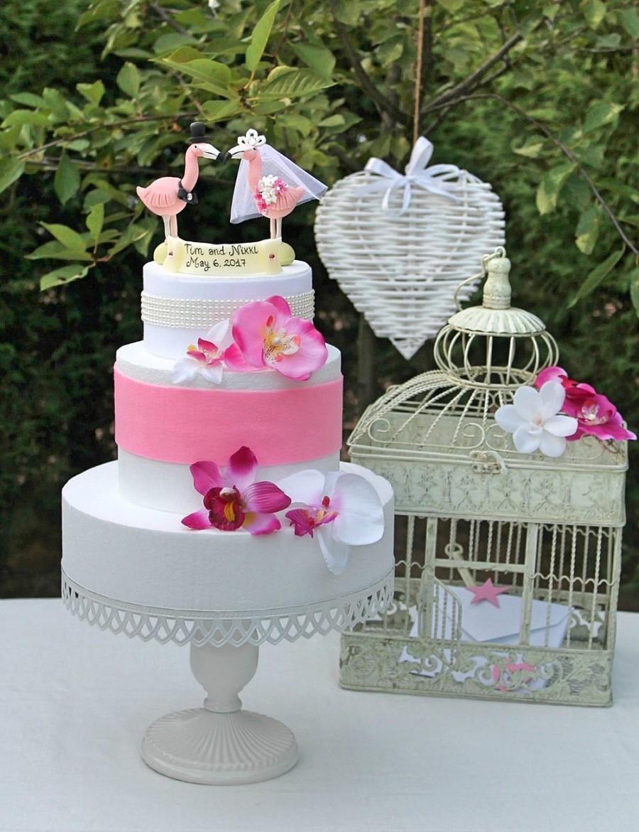 Hochzeit - Wedding love bird cake topper, flamingo custom cake topper, personalized bride and groom animal cake topper, beach tropical wedding