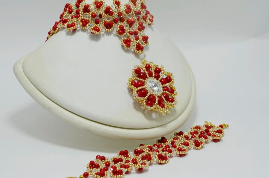 زفاف - Jewelry Statement Red Choker with Pendant; Holiday Seed Bead Necklace; Beaded, Beading, Beadwoven, Beadwork Necklace; Christmas Gift for Her