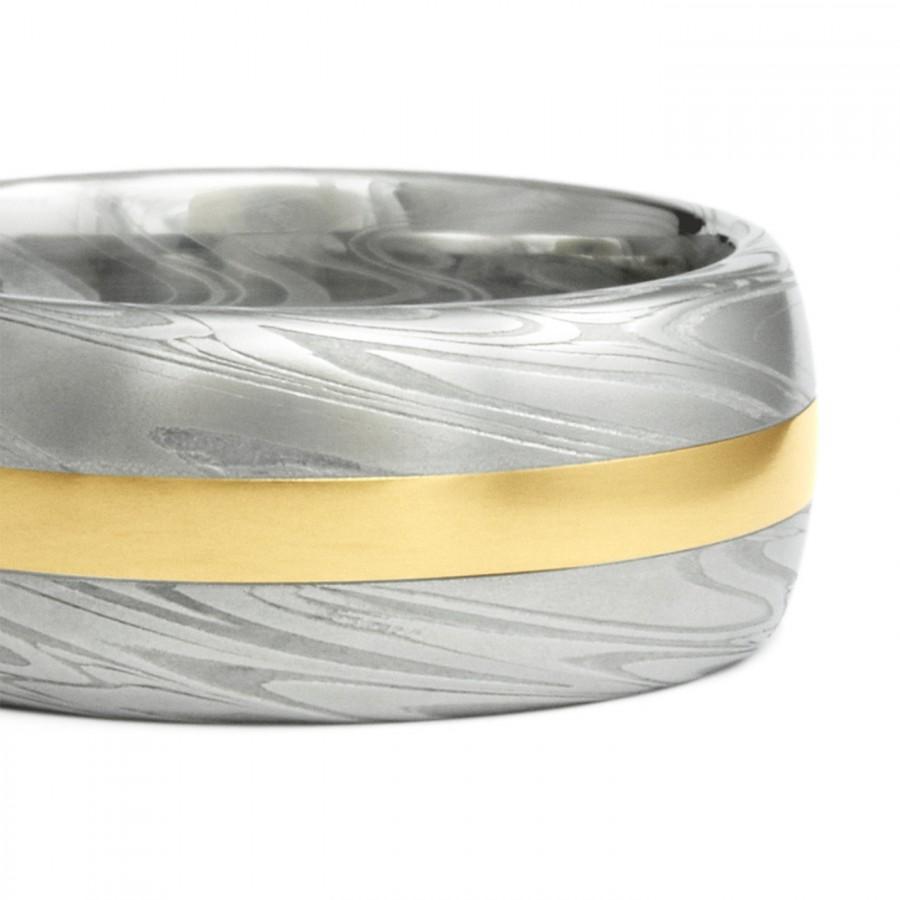 زفاف - Gold Wedding Band - Gold Inlay Damascus Mens Wedding Band. Half Round 8mm, 9mm or 10mm Width, Powerful Swirling Current Pattern Ring