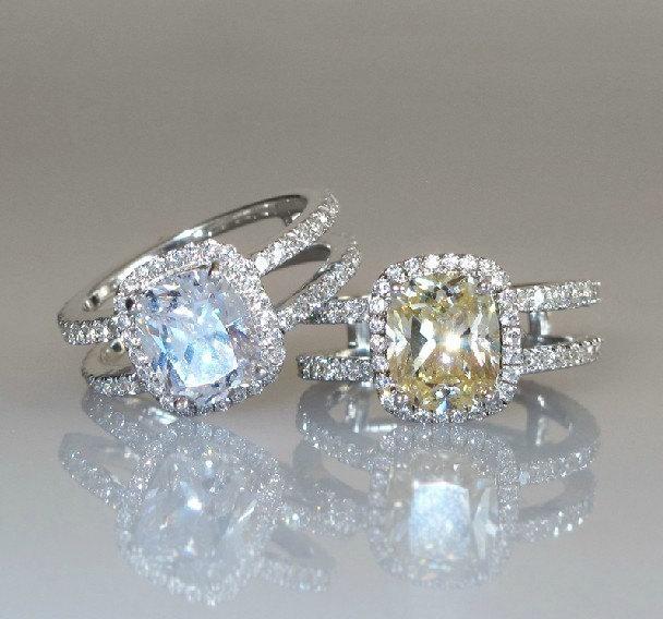 زفاف - 3 Carat Cushion Cut Halo Engagement Ring, Man Made Diamond Sterling Silver Promise Rings set With Split Double Band