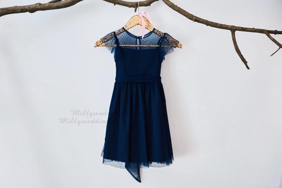 Hochzeit - Cap Sleeves Navy Blue Tulle  Flower Girl Dress Junior Bridesmaid Wedding Party Dress M0020