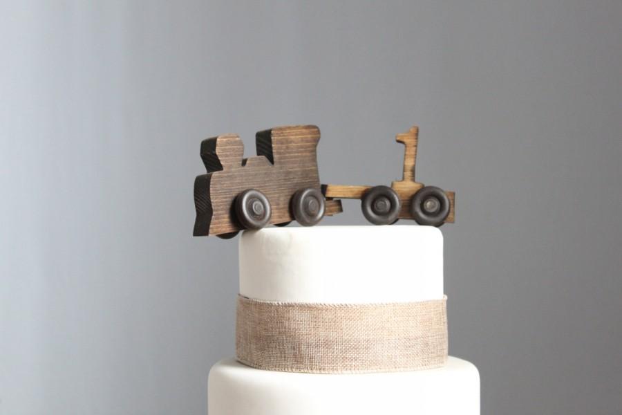 Wedding - Old-fashioned Wood Toy Engine Train Cake Topper with Number 1 Cart