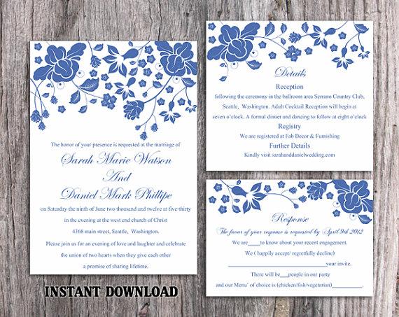Hochzeit - DIY Wedding Invitation Template Set Editable Word File Instant Download Printable Navy Blue Invitation Elegant Flower Wedding Invitation
