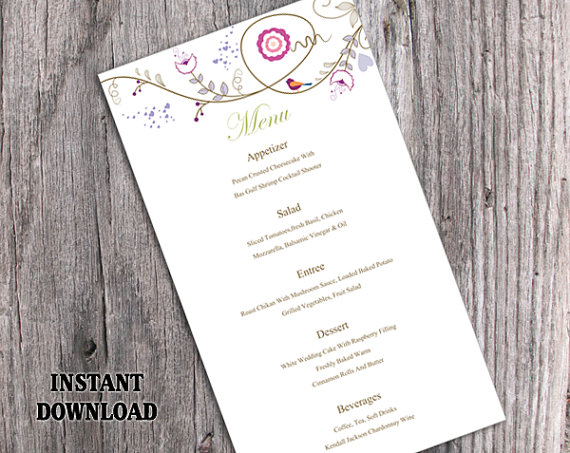 Hochzeit - Wedding Menu Template DIY Menu Card Template Editable Text Word File Instant Download Bird Menu Floral Menu Template Printable Menu 4x7inch
