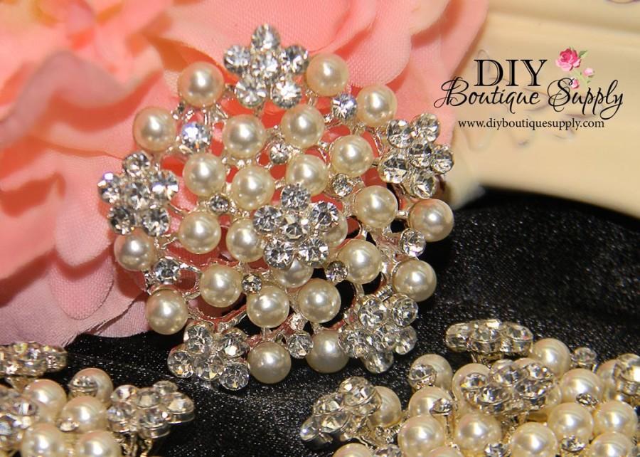 Hochzeit - Rhinestone Pearl Brooch Flatback- Bridal Wedding Brooch Bouquet Supply - Invitations Sash Pin Wedding Jewelry Bridal Supply 50mm 158110