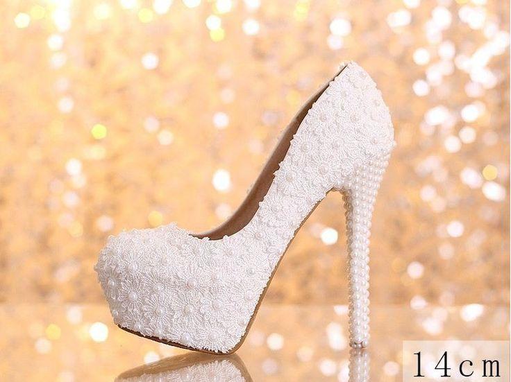 زفاف - Elegant White Floral Lace Pearls Women Wedding Shoes