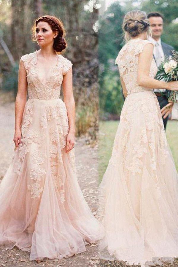 زفاف - High Quality V-neck Sleeveless Floor-Length Wedding Dress With Lace WD015
