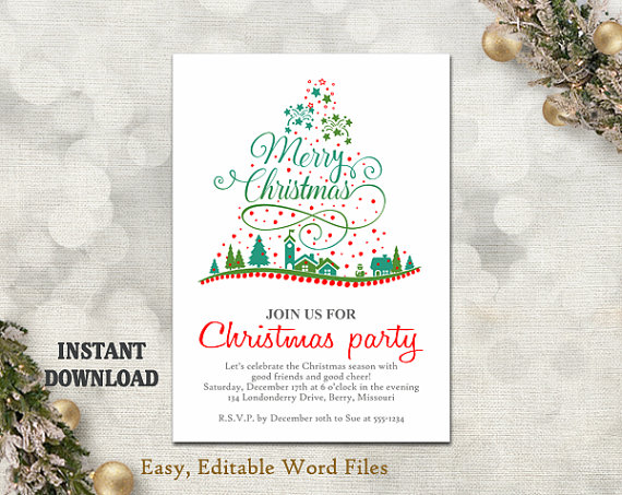 Mariage - Christmas Party Invitation Template - Printable Christmas Tree - Holiday Party Card - Christmas Card - Editable Template - Green - Red - DIY