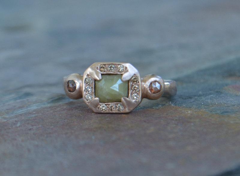 زفاف - Radiant Cut Green Diamond Engagement Ring, Rose Cut, Cognac Diamond Halo, Rose Gold, Handmade, Recycled Gold, One of a Kind