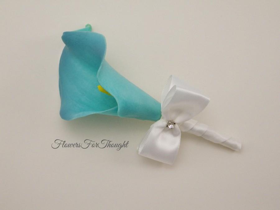 Set of 5 Wedding Boutonnière Teal Blue Calla Lily Flowers For Grooms Groomsmen 
