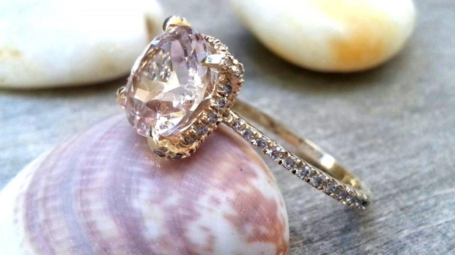 Wedding - Unique hallo ring Rose Gold Pink Morganite Engagement Ring Diamond Wedding Ring Solitaire diamond ring Cocktail ring Classic ring Dressy