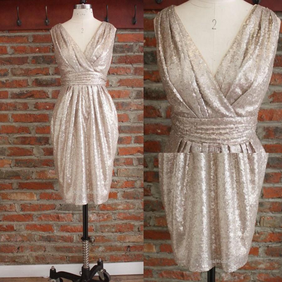 Hochzeit - Short Sequin Dress,Sparkle Evening Dress,Wrap Short Dresses,V Neck Bridesmaid Dress,Knee Length Prom Dresses, 2017 Short Evening Gown
