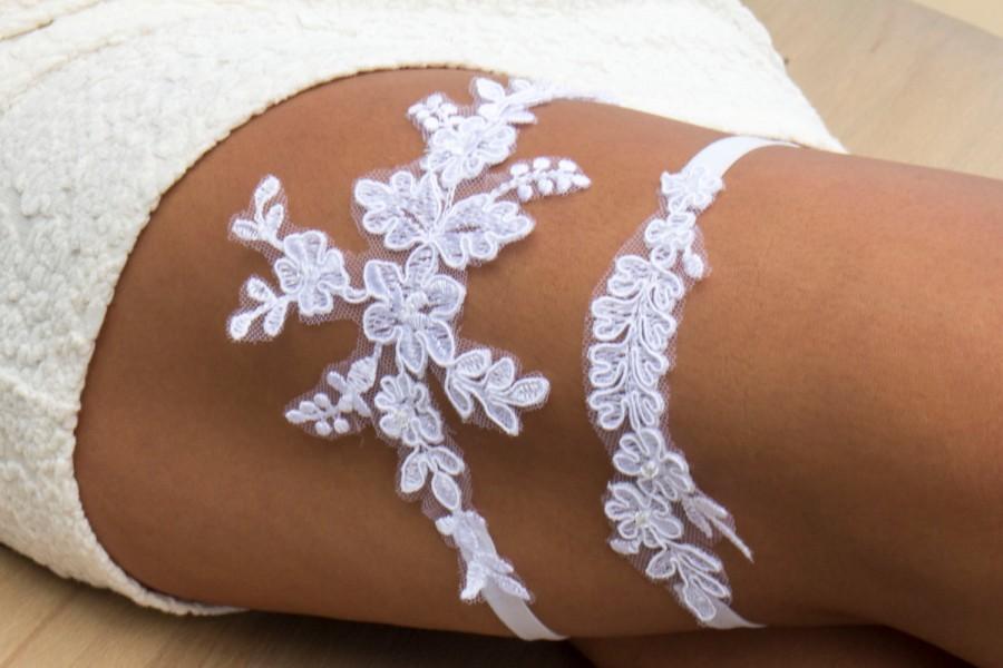 Свадьба - FREE SHIPPING White wedding garter set Lace garter Bridal garter Wedding garter Flower garter Bridal garter set