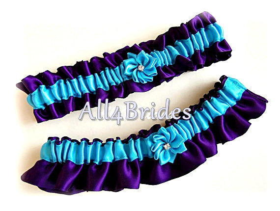Hochzeit - Deep Purple and Turquoise wedding garter set, Bridal accessories garters, prom garters, something blue, Regency Purple