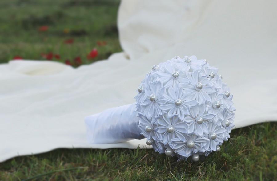 Wedding - SALE 50% Wedding Bouquet, Bridal Bouquet, White Bouquet, Kanzashi Bouquet, Handmade Bouquets, Unique Bouquets