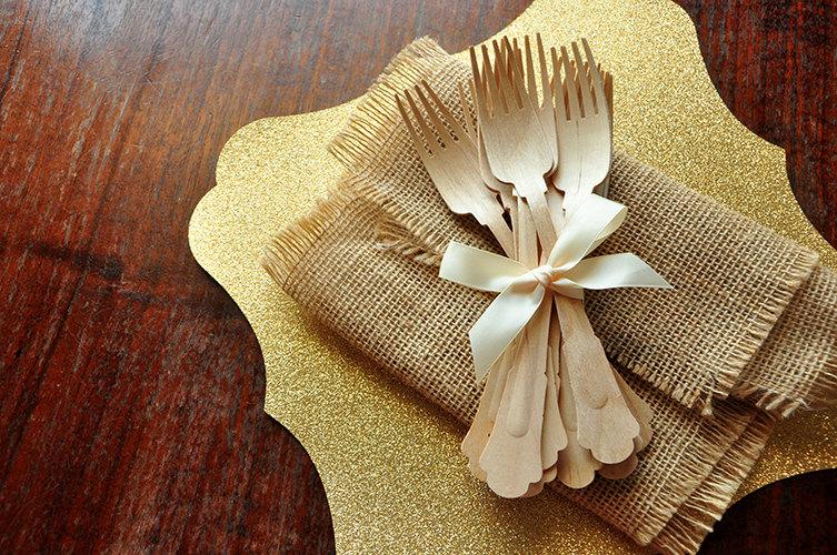 Wedding - Wooden Forks for Wedding Tablesettings.  Ships in 2-5 Business Days.  Barouque Style Wooden Cutlery.  Eco Friendly Party Utensils.