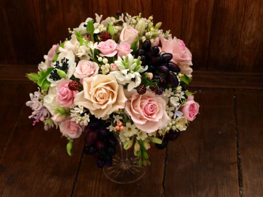 زفاف - Flower arrangement, cold porcelain flower, lilac, flower clay flower polymer clay, rose, bouqet with rose
