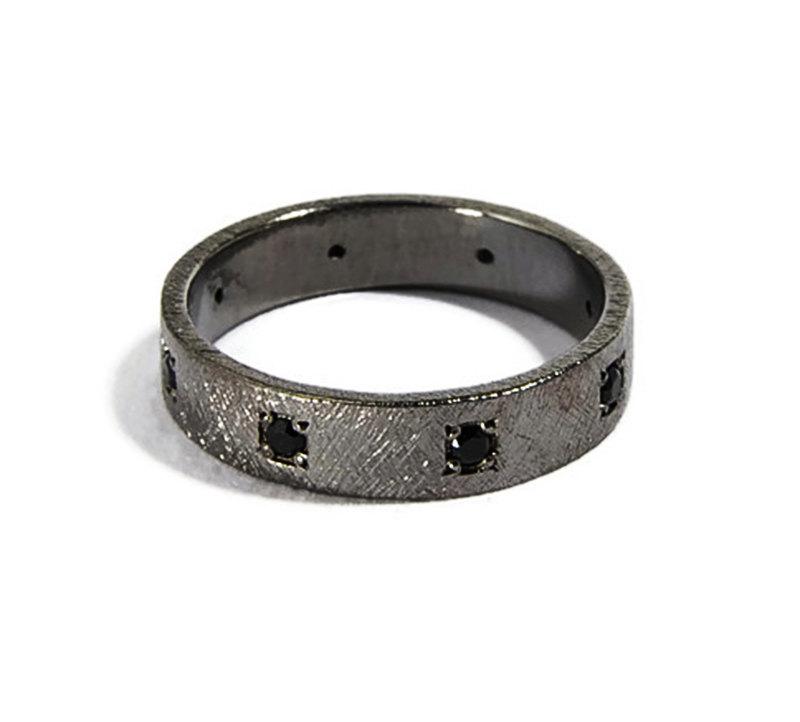 Mariage - Black Diamond Ring Rhodium Plated 14K Gold Wedding Ring Black Diamonds Rock Style Ring Contemporary Ring Engagement Band Greek Fine Jewelry