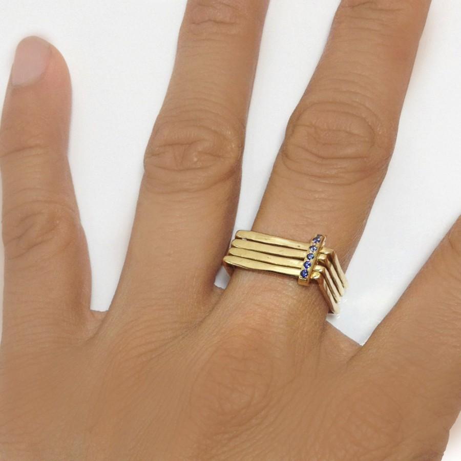 زفاف - SAPPHIRES engagement ring - Sapphires PAVE engagement ring - Unique square ENGAGEMENT ring- 18k yellow gold and sapphires ring