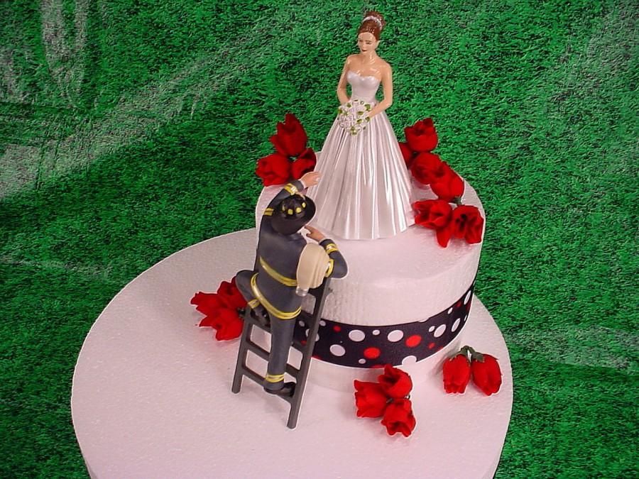 Mariage - Elegant Bride and Fireman to the Rescue Groom Firefighter Wedding Cake Topper Fire Hot Romantic Couple Personalized Figurines Mr Mrs - 3