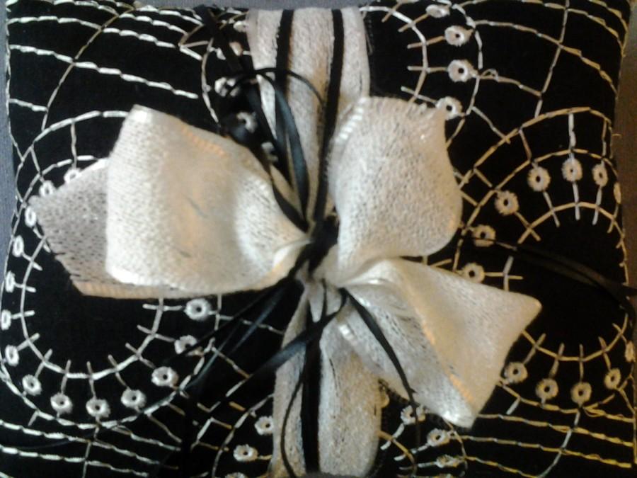 Wedding - Black and white embroidered ring bearer pillow with ribbon, very unique